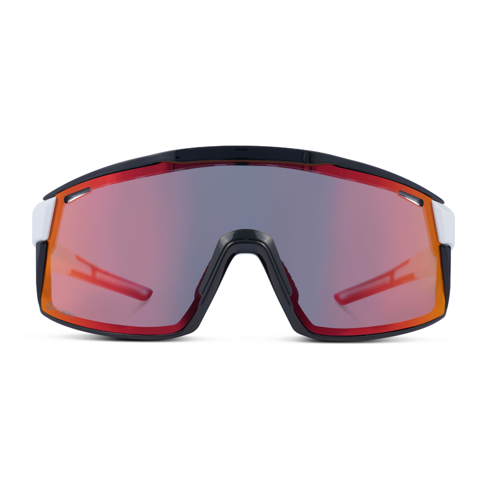 FixieMAX sunglasses with white temples, black frame, smoke lens, and a red mirror on a white background