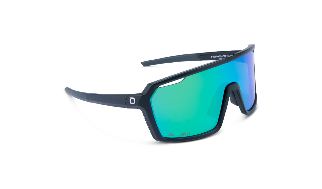 FixiePHENOM 2.0 sunglasses with a black frame, smoke lens, and a green mirror on a white background