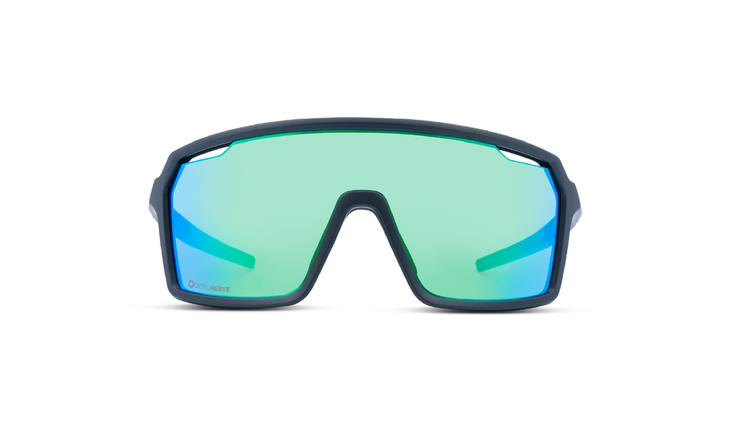 Optic Nerve FixiePHENOM 2.0 sunglasses with a black frame, smoke lens, and a green mirror on a white background