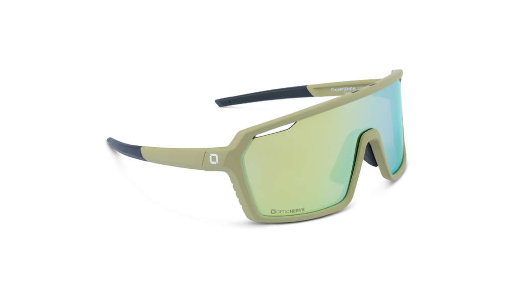 Optic Nerve FixiePHENOM 2.0 sunglasses with a green frame, brown lens, and a gold mirror on a white background