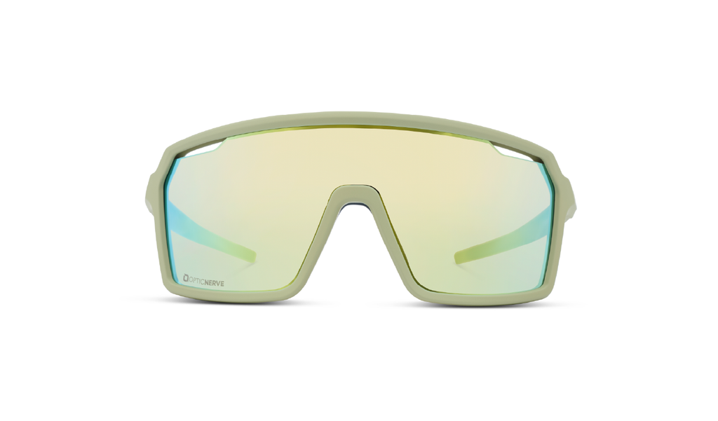 Optic Nerve FixiePHENOM 2.0 sunglasses with a green frame, brown lens, and a gold mirror on a white background