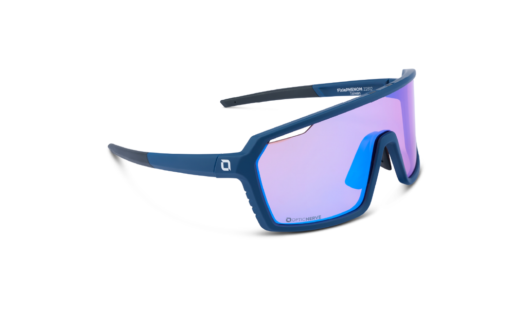 Optic Nerve FixiePHENOM 2.0 sunglasses with a blue frame, copper lens, and a silver mirror on a white background