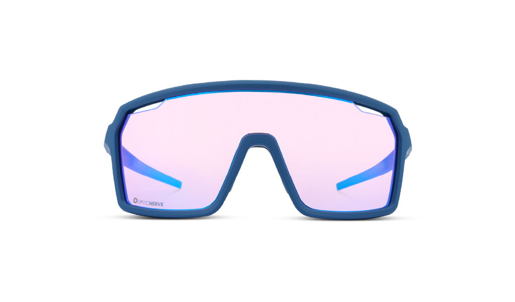 Optic Nerve FixiePHENOM 2.0 sunglasses with a blue frame, copper lens, and a silver mirror on a white background