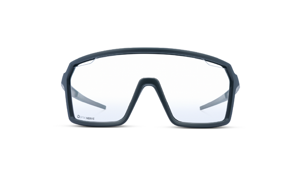 Optic Nerve FixiePHENOM 2.0 with a black frame and a clear lens on a white background