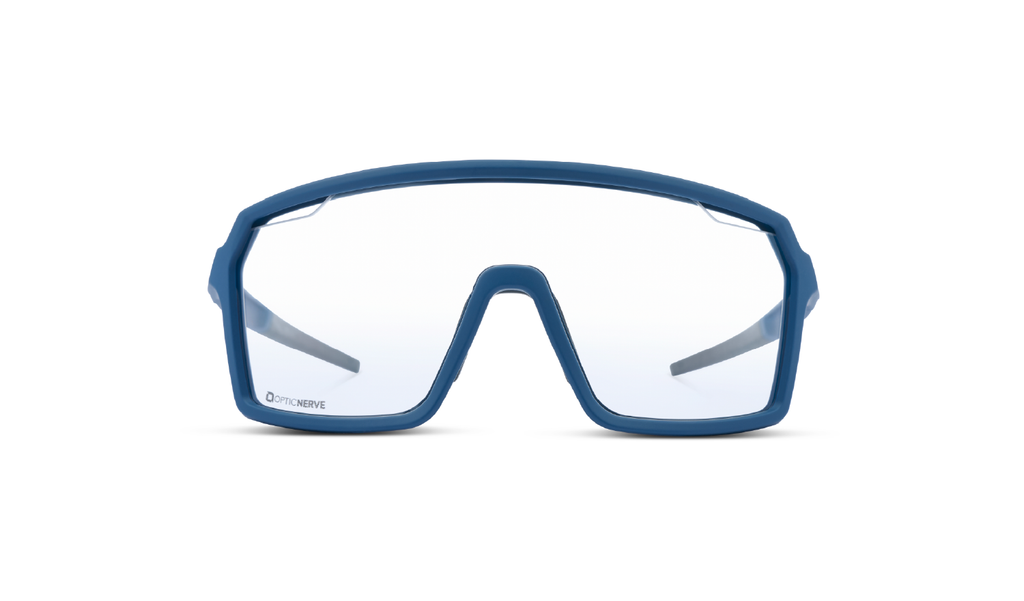 Optic Nerve FixiePHENOM 2.0 sunglasses with a blue frame and a clear lens on a white background