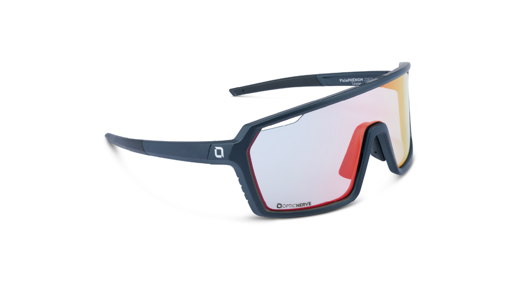 FixiePHENOM 2.0 photochromic sunglasses with a black frame, photochromic lens, and a red mirror on a white background