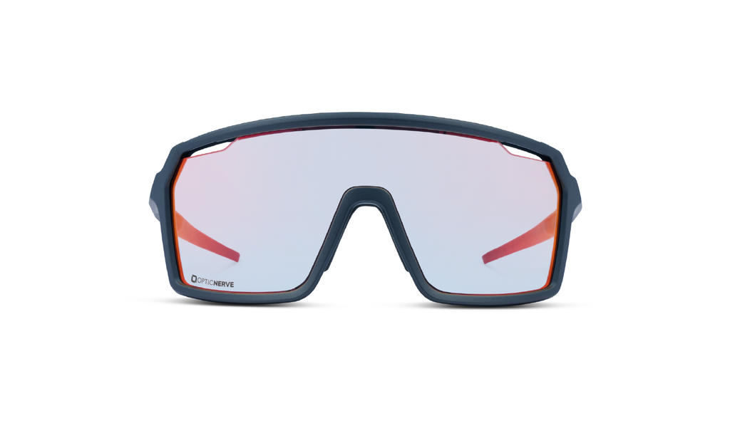Optic Nerve FixiePHENOM 2.0 photochromic sunglasses with a black frame, photochromic lens, and a red mirror on a white background