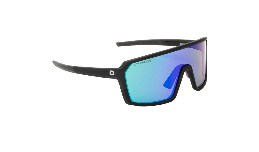 Optic Nerve FixiePHENOM sunglasses with a black frame, smoke lens, and a green mirror on a white background