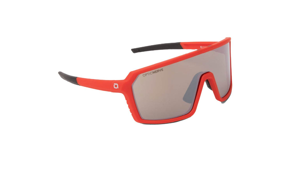 Optic Nerve FixiePHENOM sunglasses with a red frame, brown lens, and a silver mirror on a white background