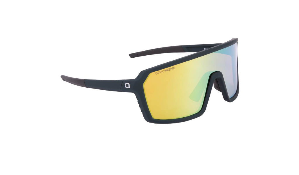 Optic Nerve FixiePHENOM sunglasses with a blue frame, brown lens, and a gold mirror, on a white background