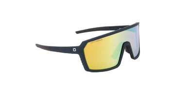 Optic Nerve FixiePHENOM sunglasses with a blue frame, brown lens, and a gold mirror, on a white background