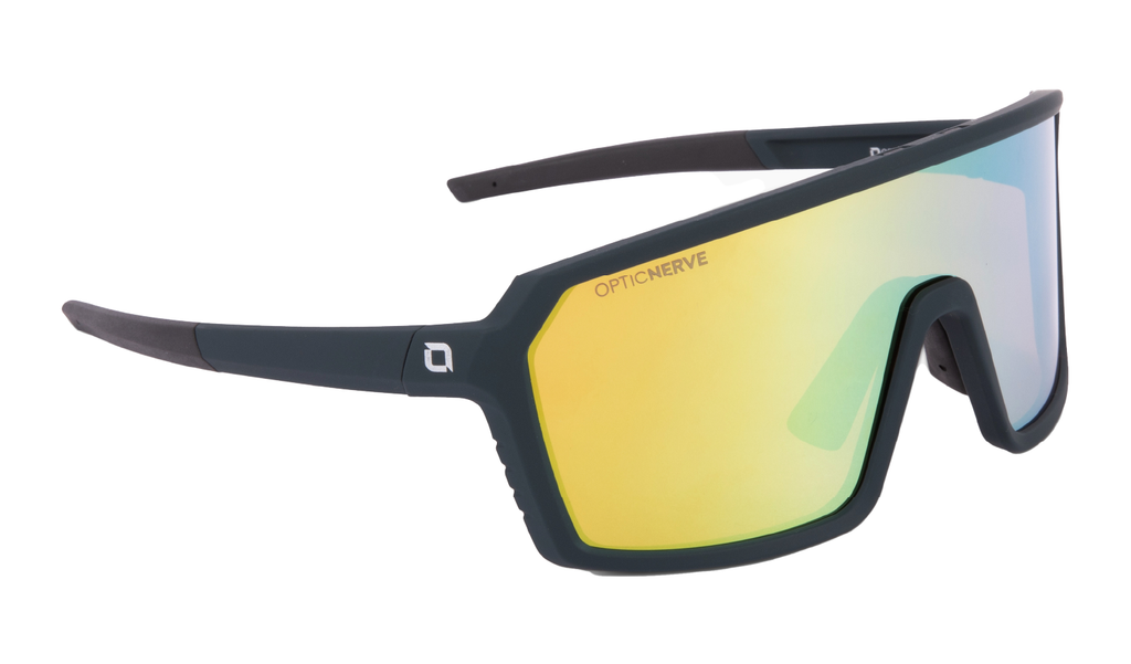 Optic Nerve FixiePHENOM sunglasses with a blue frame, brown lens, and a gold mirror, on a white background