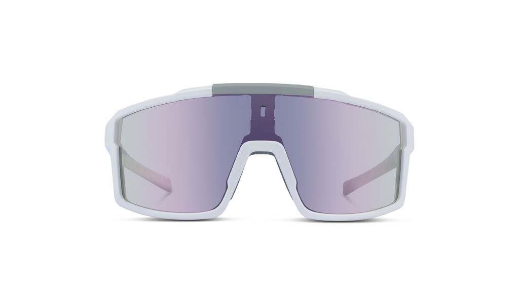 Optic Nerve FixieRUSH Sunglasses with a white frame, brown lens, and a purple mirror on a white background