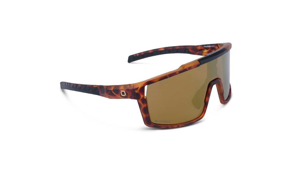 Optic Nerve FixieRUSH Sunglasses with a tortoise frame, brown lens, and a gold mirror on a white background