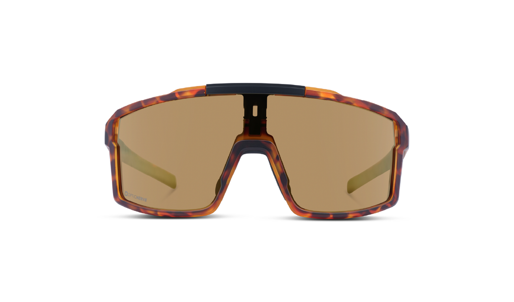 Optic Nerve FixieRUSH Sunglasses with a tortoise frame, brown lens, and a gold mirror on a white background