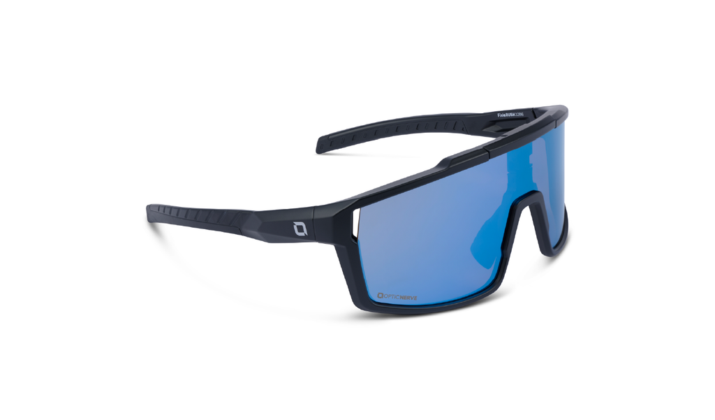 Optic Nerve FixieRUSH Sunglasses with a black frame, brown lens, and a blue mirror on a white background