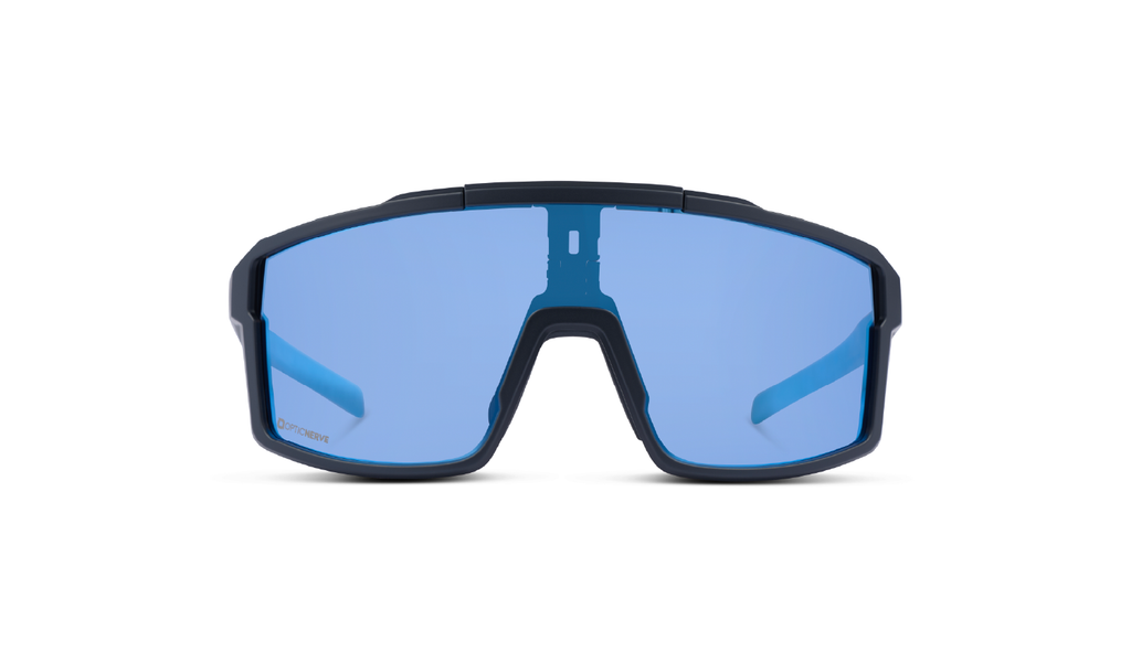 Optic Nerve FixieRUSH Sunglasses with a black frame, brown lens, and a blue mirror on a white background