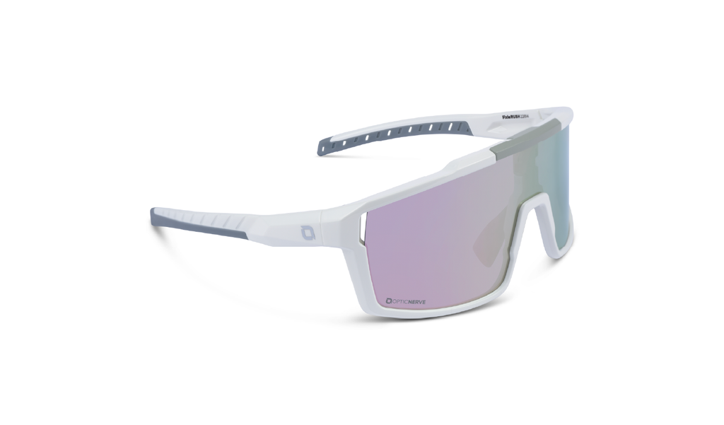 FixieRUSH Sunglasses with a white frame, brown lens, and a purple mirror on a white background