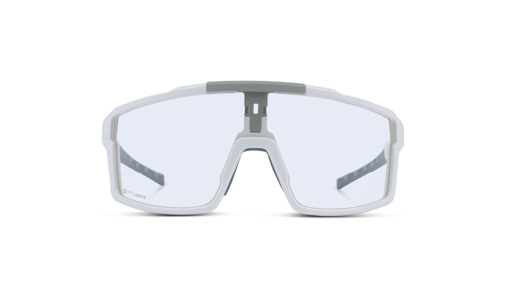 Optic Nerve FixieRUSH Sunglasses with a white frame and a clear lens on a white background