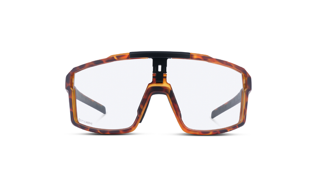 Optic Nerve FixieRUSH Sunglasses with a tortoise frame and a clear lens on a white background