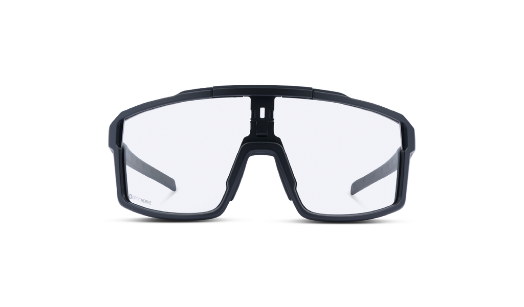 Optic Nerve FixieRUSH Sunglasses with a black frame and a clear lens on a white background