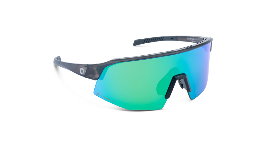 FixieSLICE sunglasses with a gray frame, smoke lens and a green mirror on a white background