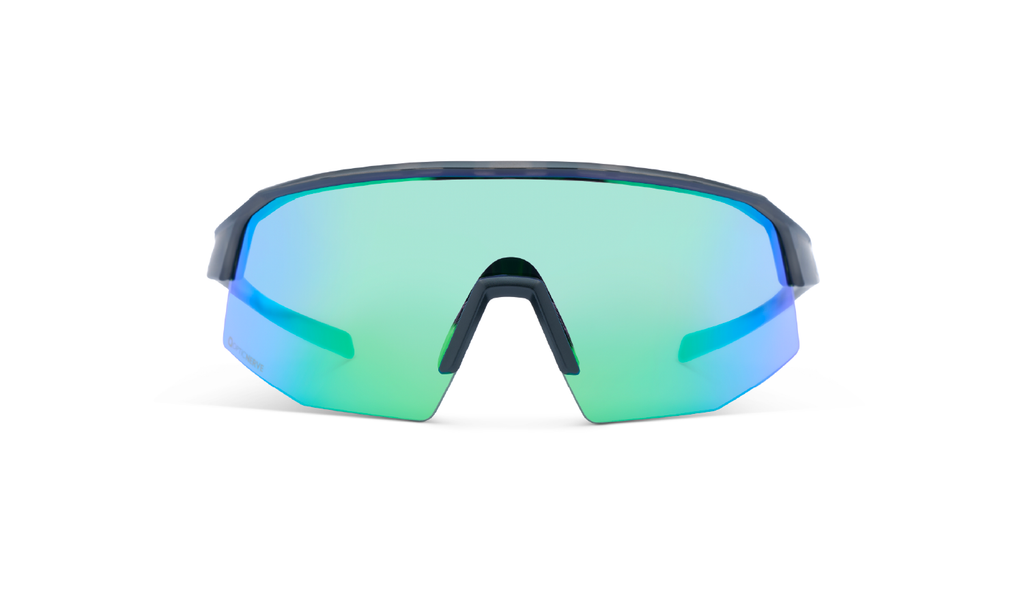 Optic Nerve FixieSLICE sunglasses with a gray frame, smoke lens and a green mirror on a white background