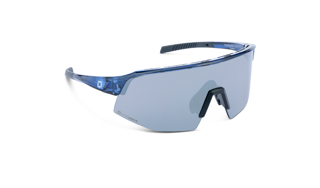 Optic Nerve FixieSLICE sunglasses with a blue frame, smoke lens, and a silver mirror on a white background