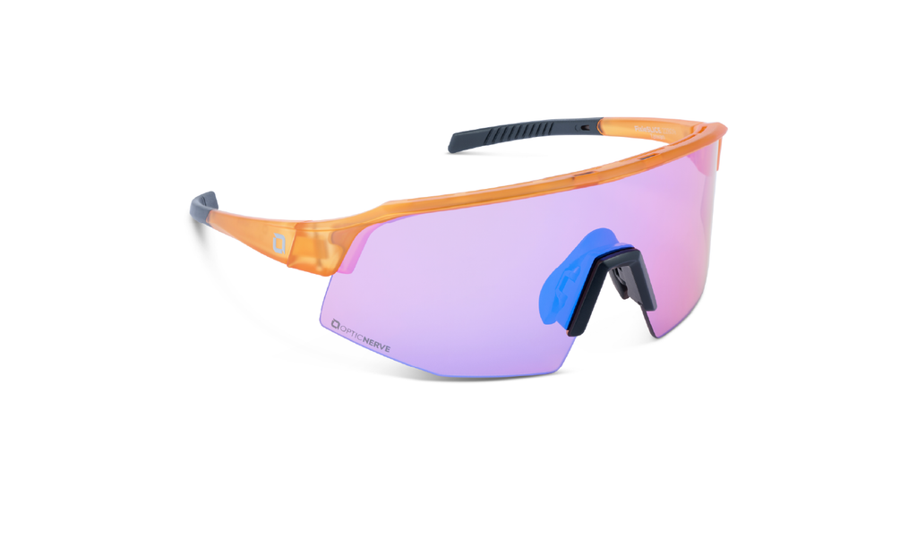 Optic Nerve FixieSLICE sunglasses with an orange frame, rose lens, and a blue mirror on a white background