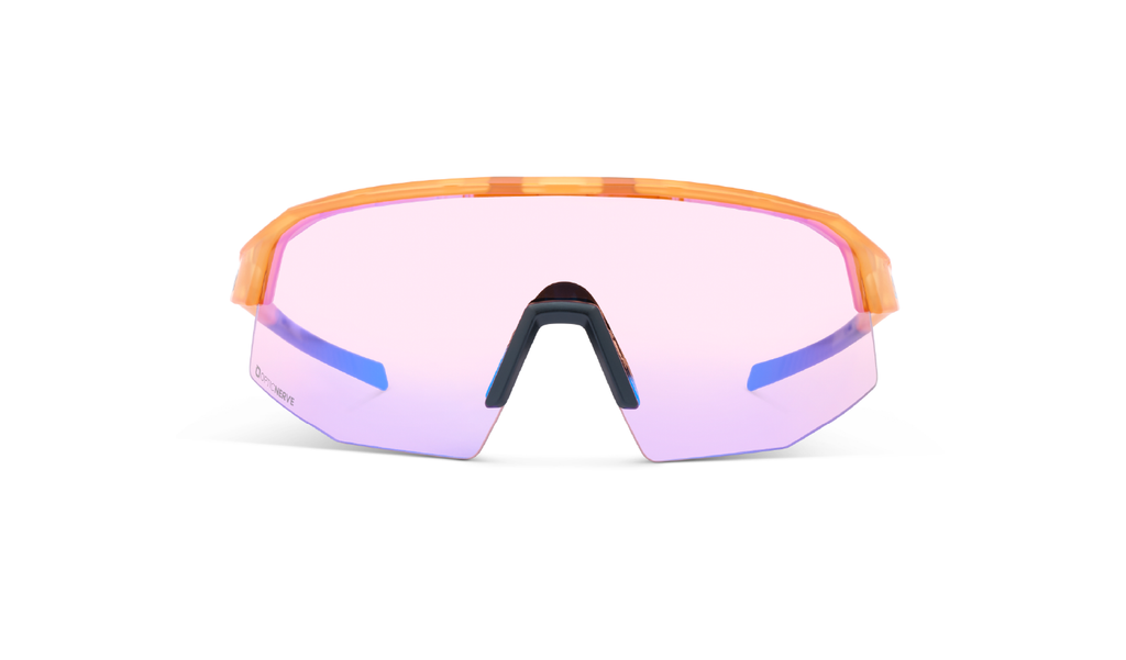 Optic Nerve FixieSLICE sunglasses with an orange frame, rose lens, and a blue mirror on a white background