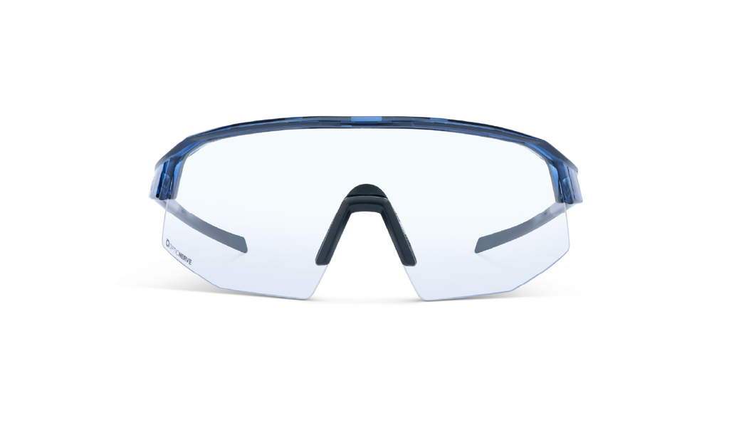 Optic Nerve FixieSLICE sunglasses with a blue frame and a clear lens on a white background