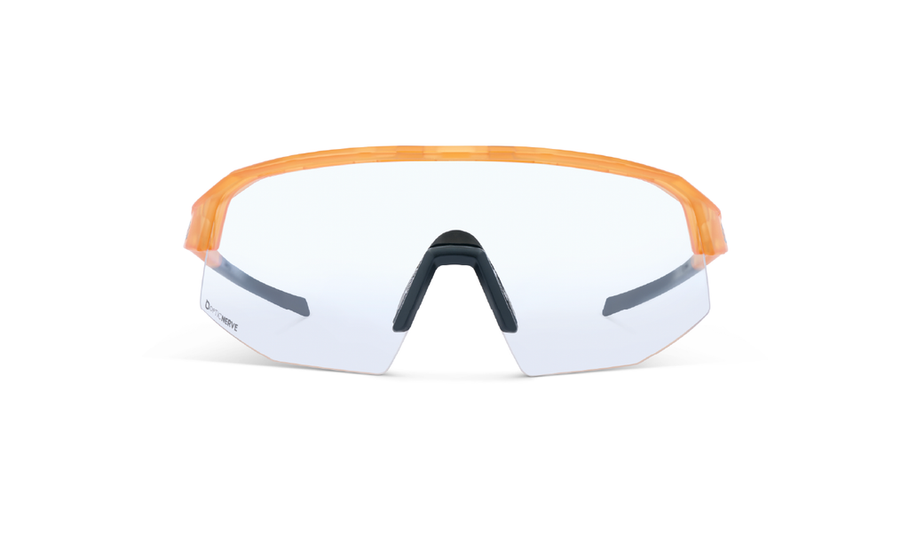 Optic Nerve FixieSLICE sunglasses with an orange frame and a clear lens on a white background