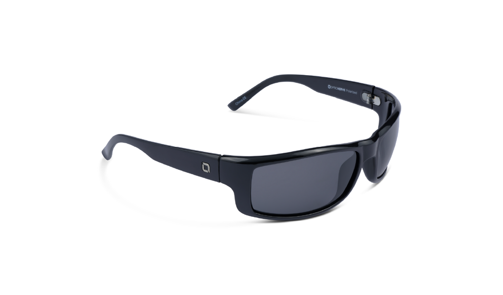 Fourteener Sunglasses with a black frame and smoke lenses on a white background