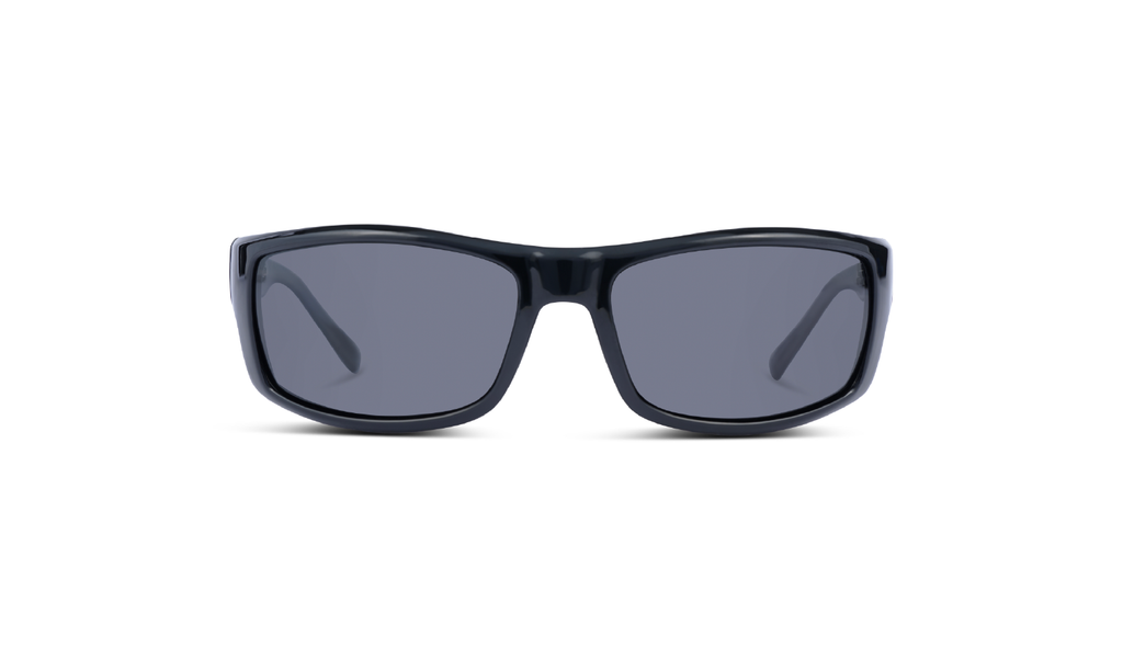 Optic Nerve Fourteener Sunglasses with a black frame and smoke lenses on a white background
