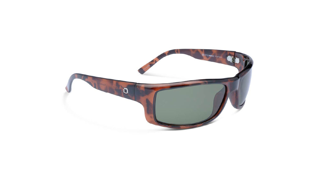 Optic Nerve Fourteener sunglasses with a tortoise frame and smoke lenses on a white background