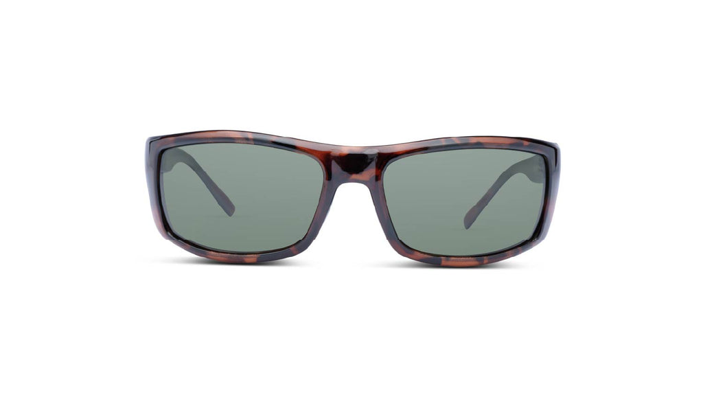 Optic Nerve Fourteener sunglasses with a tortoise frame and smoke lenses on a white background