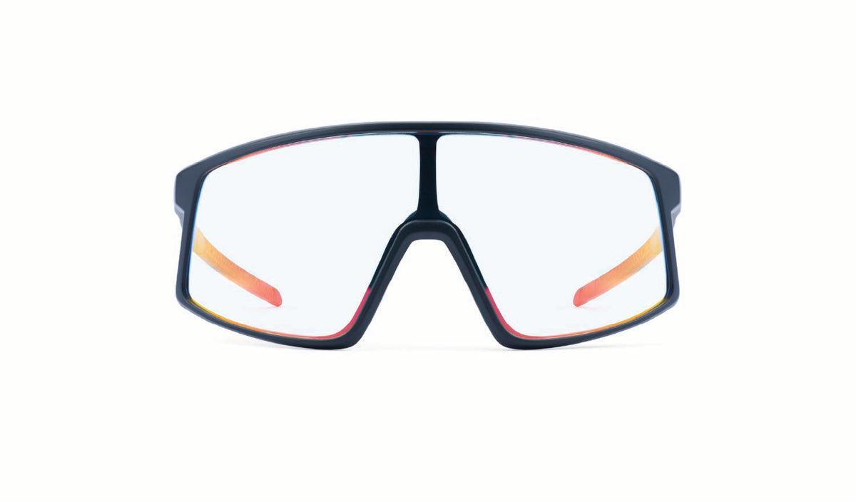 Optic Nerve Gravel Cat Photochromic sunglasses with a black frame, photochromic lens, and a red mirror on a white background