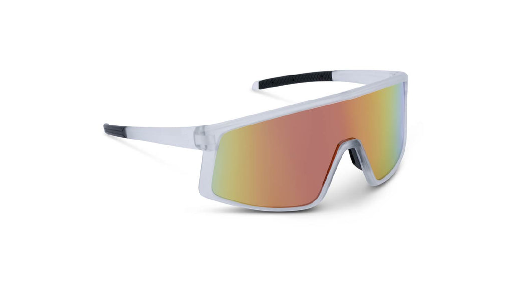 Optic Nerve Gravel Cat sunglasses with a clear frame, smoke lens, and a red mirror on a white background.