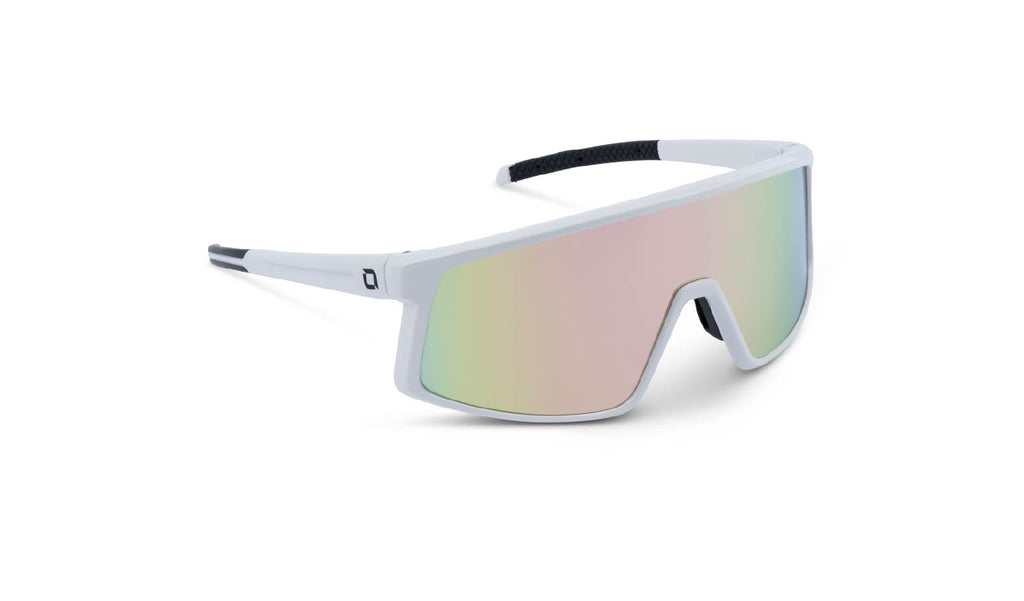 Optic Nerve Gravel Cat sunglasses with a white frame, brown lens, and a pink mirror on a white background