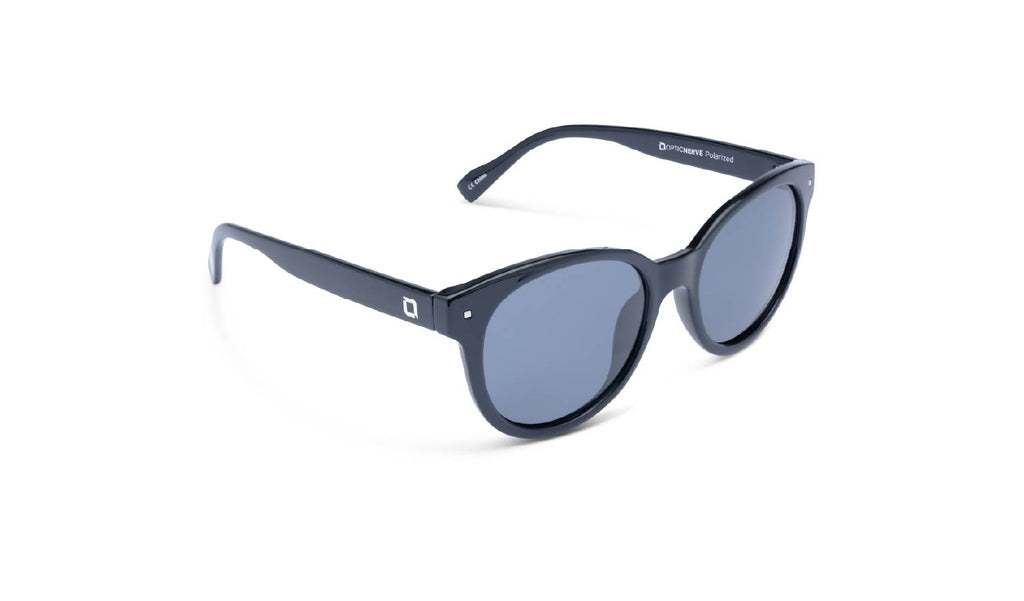 Optic Nerve Hotplate sunglasses with a black frame and smoke lenses on a white background
