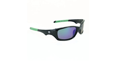 Optic Nerve Kids Chibs sunglasses with a black frame, smoke lenses, and a green mirror on a white background