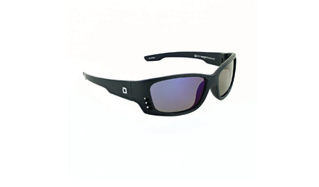 Optic Nerve Kids Freedo sunglasses with a black frame, smoke lenses, and a blue mirror on a white background