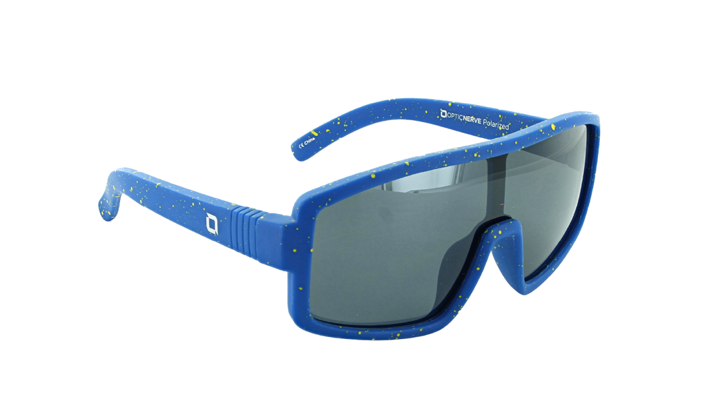 Optic Nerve Kids Nice Kitty sunglasses with a blue frame and smoke lens on a white background