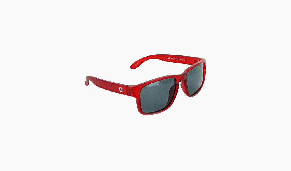 Optic Nerve Kids Wee Peet sunglasses with a red frame and smoke lenses on a white background