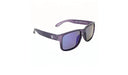 Optic Nerve Kids Wee Peet sunglasses with a purple frame, smoke lenses, and a green mirror on a white background
