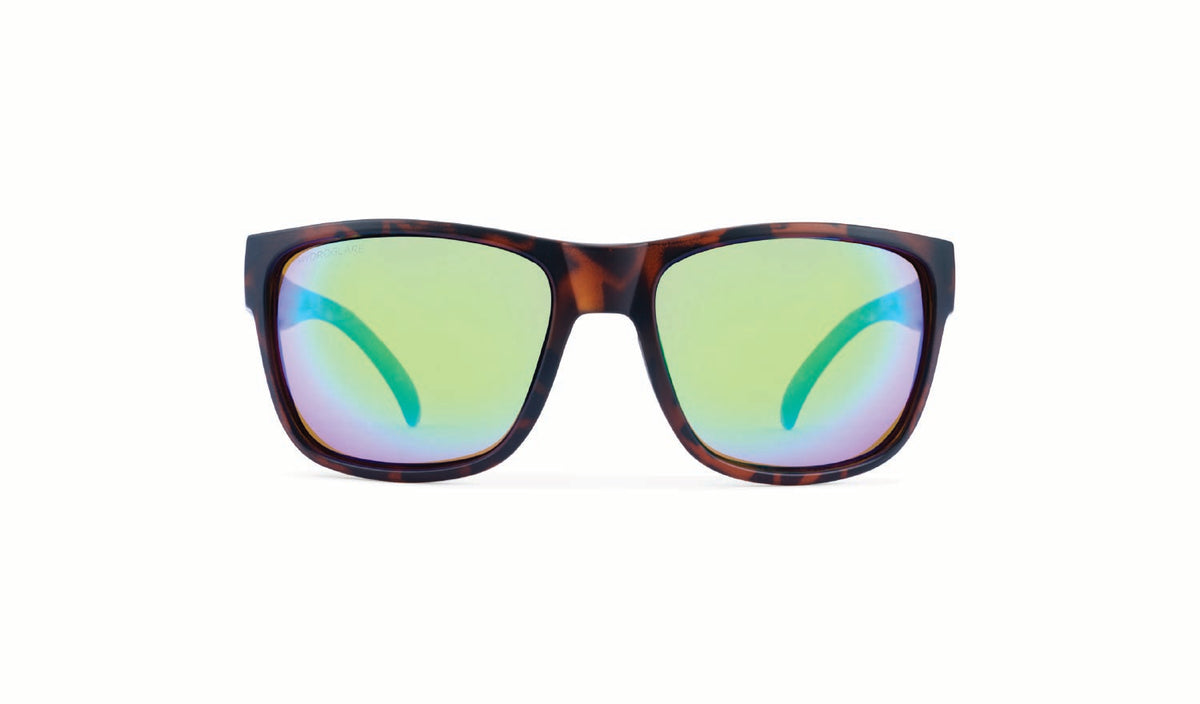 Optic Nerve Kingfish HYDROGLARE Sunglasses with a tortoise frame, brown lens, and a green mirror on a white background