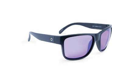 Optic Nerve Kingfish sunglasses with a black frame, brown lenses, and a blue mirror on a white background
