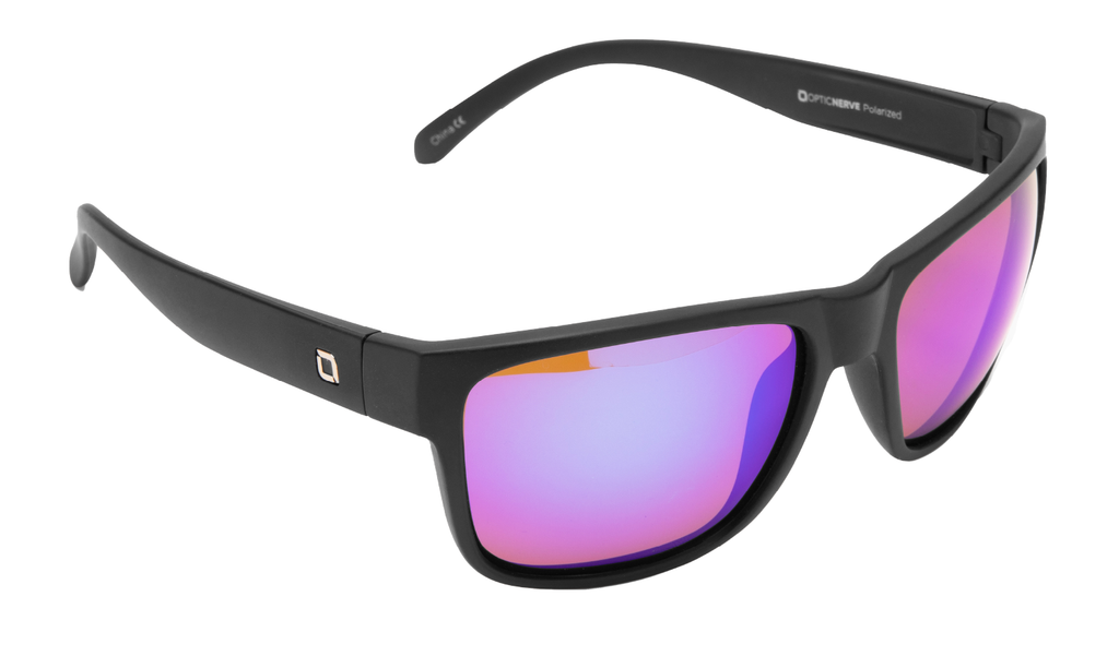 Optic Nerve Kingfish sunglasses with a black frame, brown lenses, and a blue mirror on a white background