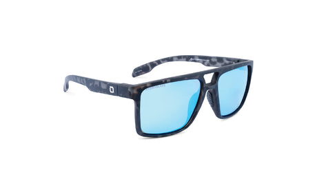 Optic Nerve Larimer HYDROGLARE™ Sunglasses with a gray frame, smoke lens, and a blue mirror on a white background