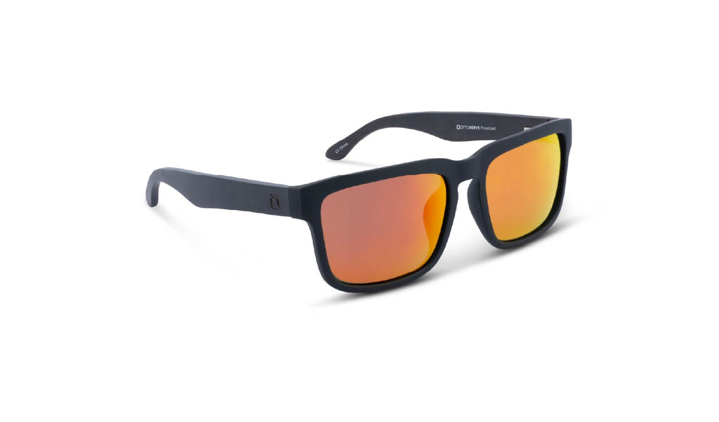 Optic Nerve Mashup Wood sunglasses with a black frame, smoke lenses, and a red mirror on a white background